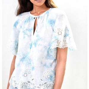 Anthropologie embroidered tie-dye blouse white and sky blue size medium